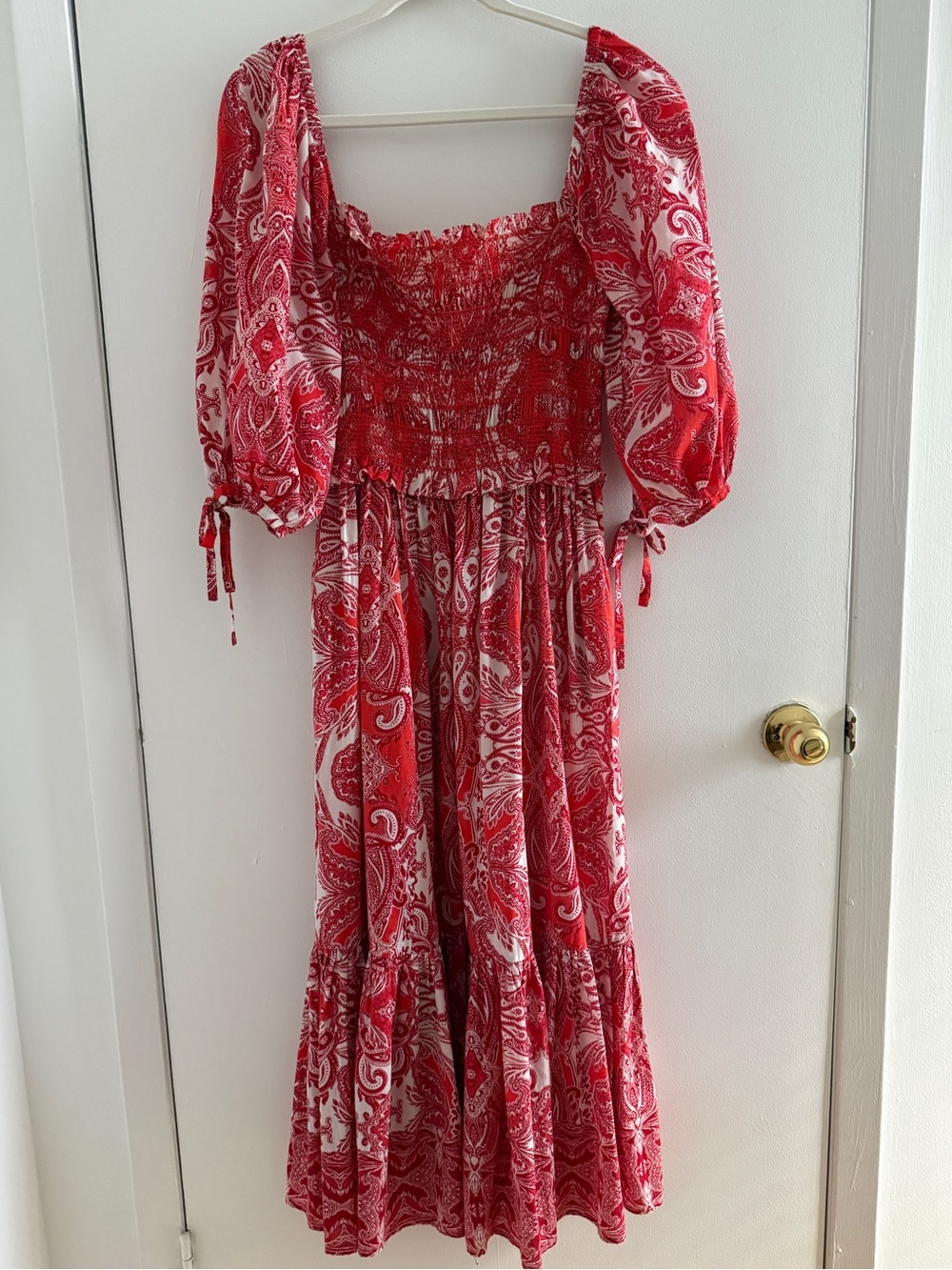 Cara Cara Jazzy Red Smocked Paisley Long Sleeve Midi Dress Size XS